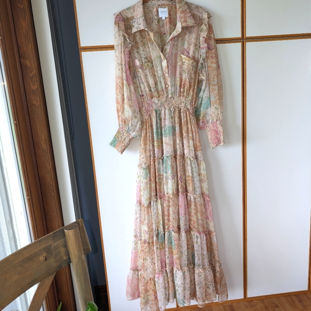 NWOT Famous Misa Los Angeles Aydeniz Dress Printemps Patchwork L - Picture 11 of 16